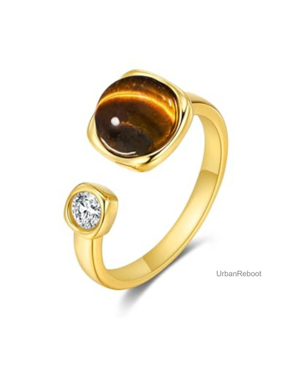 18K Gold Plated Adjustable Open Ring Natural Stone CZ Statement Stackable Boho